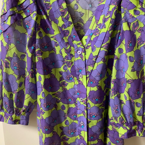 BEAUTIFUL SMYTHE V-NECK FRONTIER COTTON BLOUSE SHIRT IN CHARTREUSE FLORAL - Picture 2 of 16